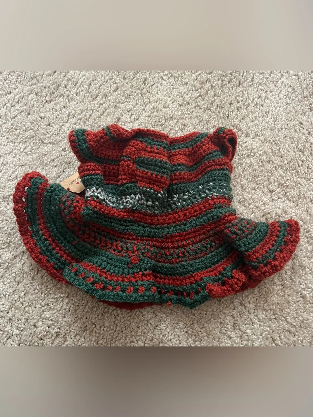 Hand-Crocheted Red & Green Doll Dress – Handmade Doll Outfit Size 10”